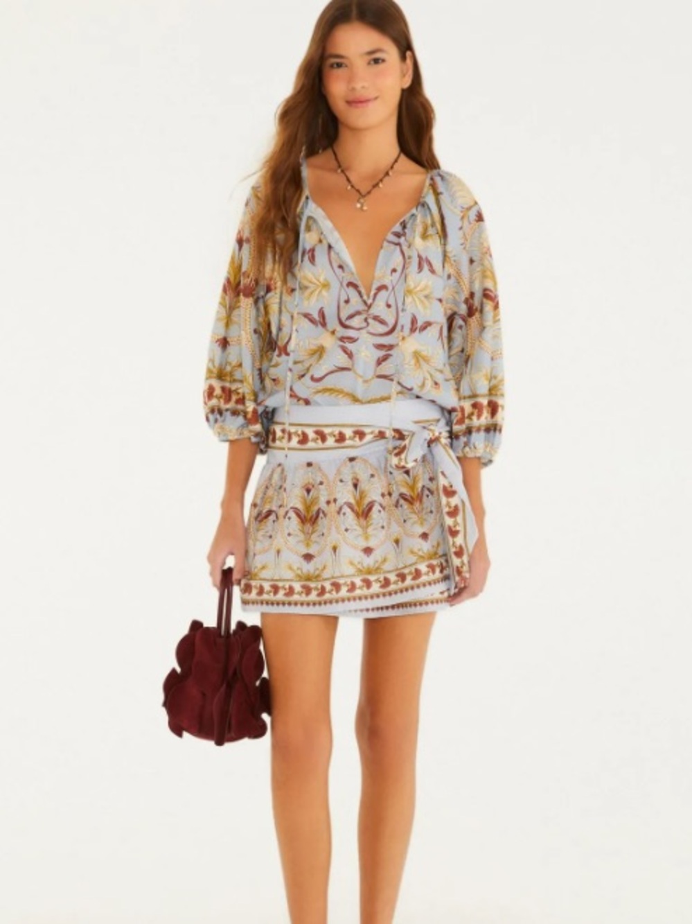 FARM RIO 
Light Blue Floral Print Mini Skirt+blouse (SET) 
SKIRT -M / BLOUSE -S